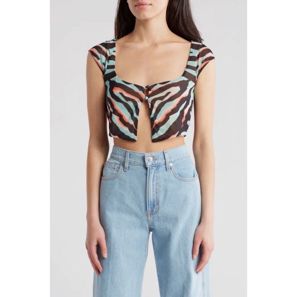 AFRM Teal Zebra Placement Nylah Two Button Cap Sleeve Crop Top, M